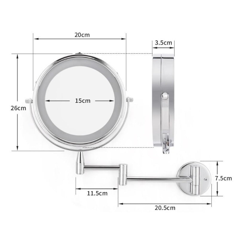 Espejo de Maquillaje LED de Doble Brazo, Aumento 1X y 7X, Montaje en Pared