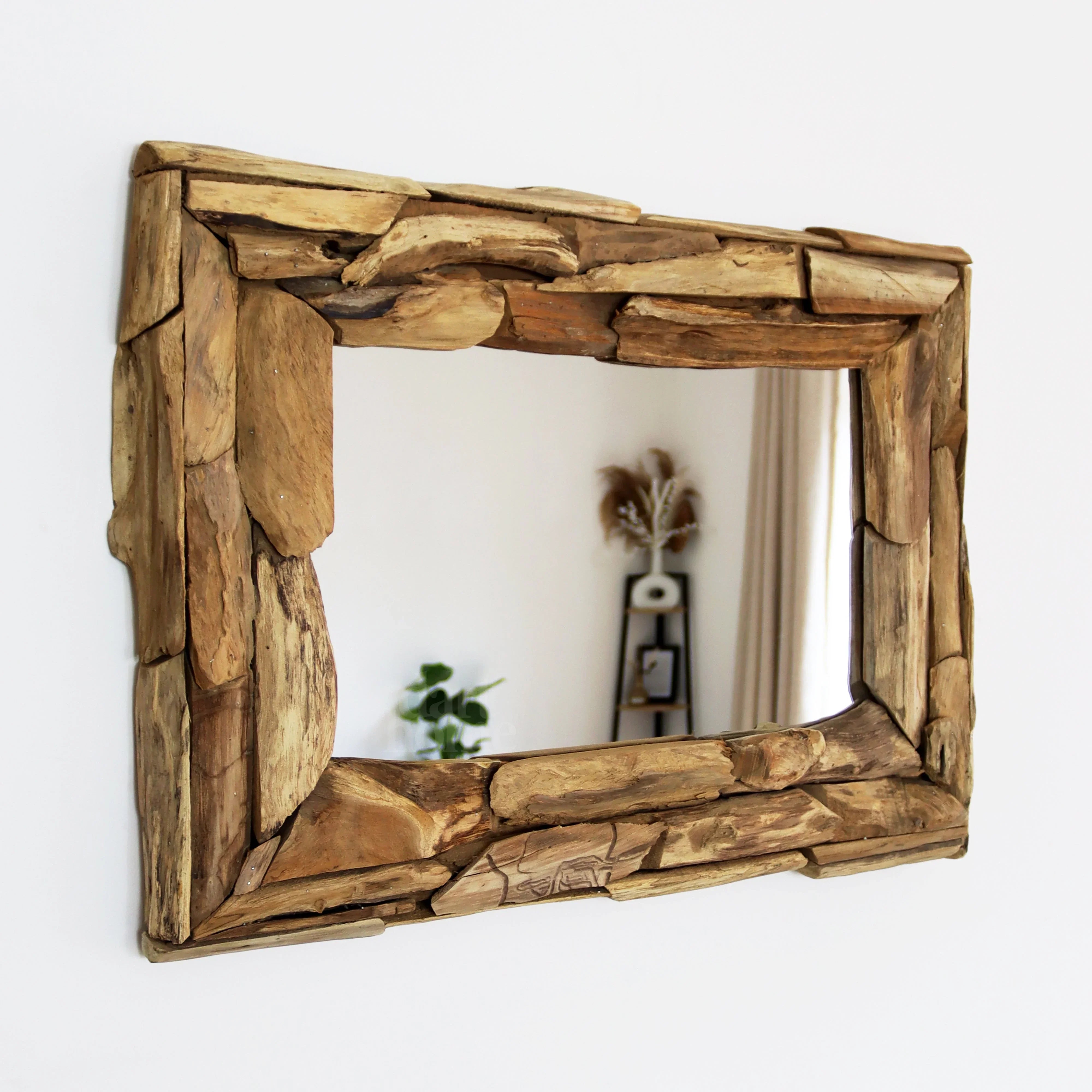 Espejo de pared con marco de madera de teca reciclada y colgador reversible de 70 × 50 cm