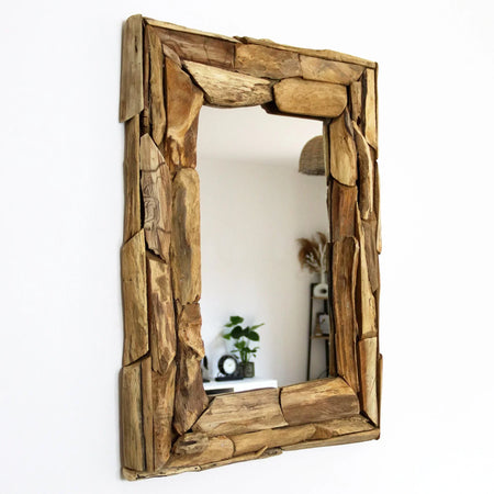 Espejo de pared con marco de madera de teca reciclada y colgador reversible de 70 × 50 cm