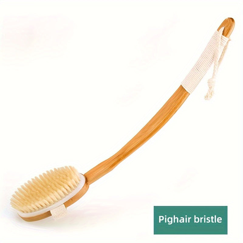 Esponja de limpieza con cerdas de jabalí para la espalda en la ducha - Cepillo de baño con mango largo de madera