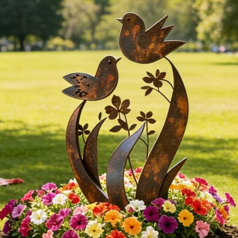 Estaca decorativa de jardín con silueta de pájaros y flores en hierro envejecido