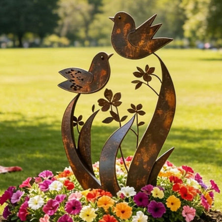 Estaca decorativa de jardín con silueta de pájaros y flores en hierro envejecido