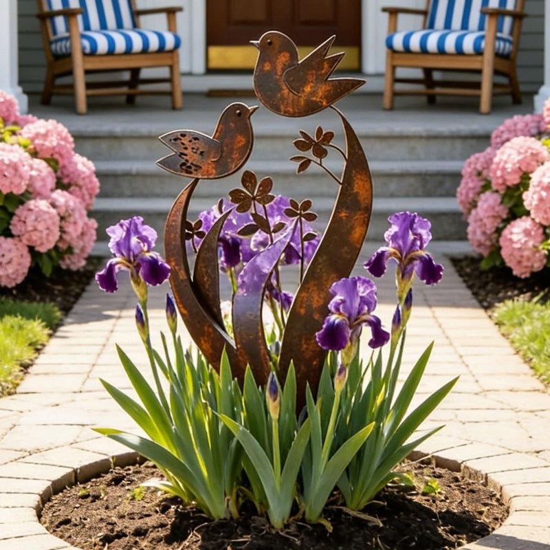 Estaca decorativa de jardín con silueta de pájaros y flores en hierro envejecido
