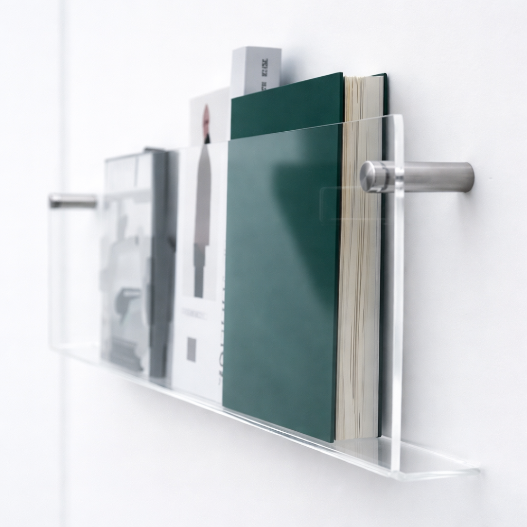 Estante de pared acrílico flotante para revistas y almacenamiento
