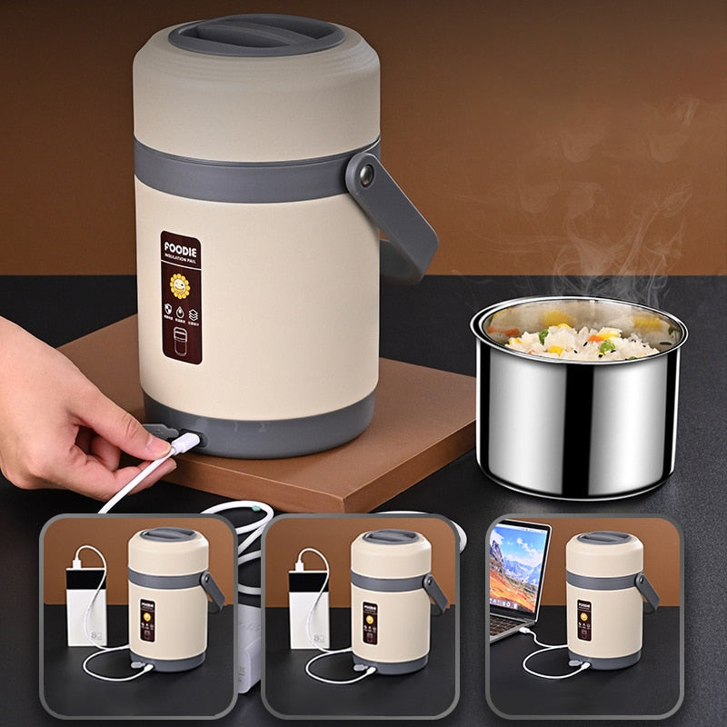 Fiambrera eléctrica USB de acero inoxidable 304, calentador de comida portátil