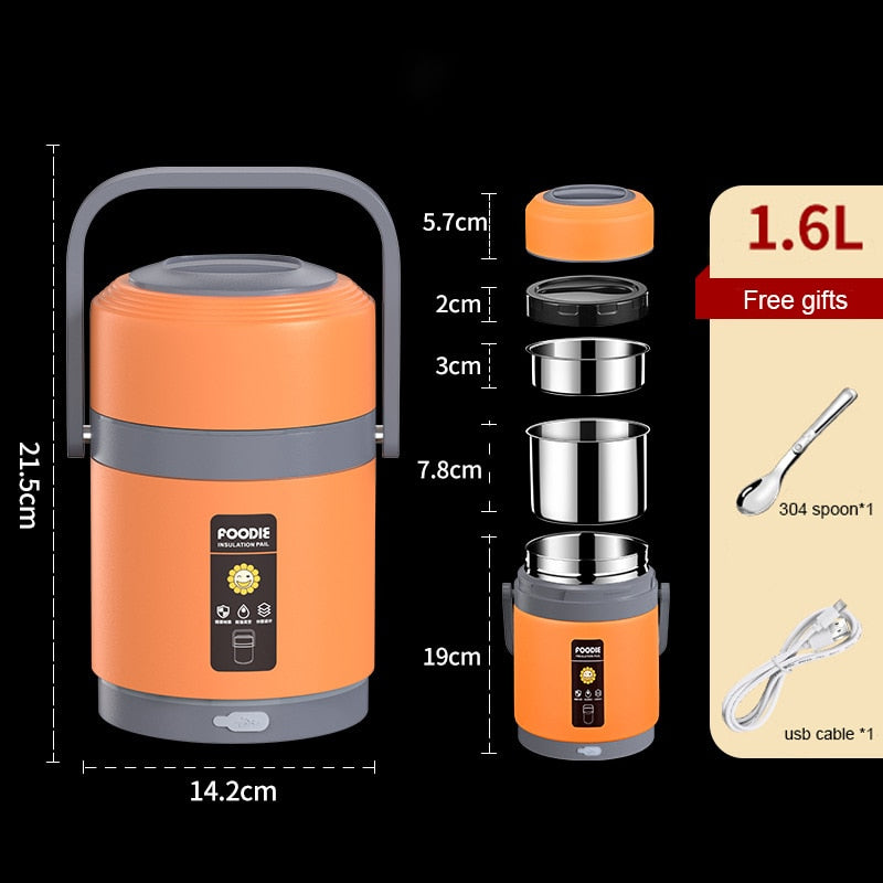 Fiambrera eléctrica USB de acero inoxidable 304, calentador de comida portátil