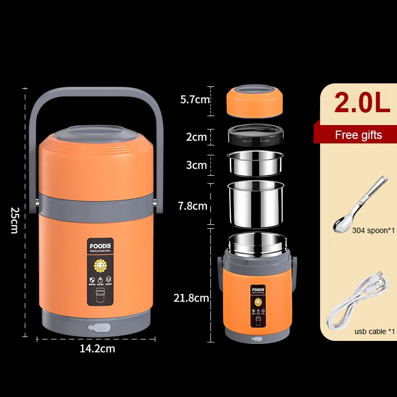 Fiambrera eléctrica USB de acero inoxidable 304, calentador de comida portátil