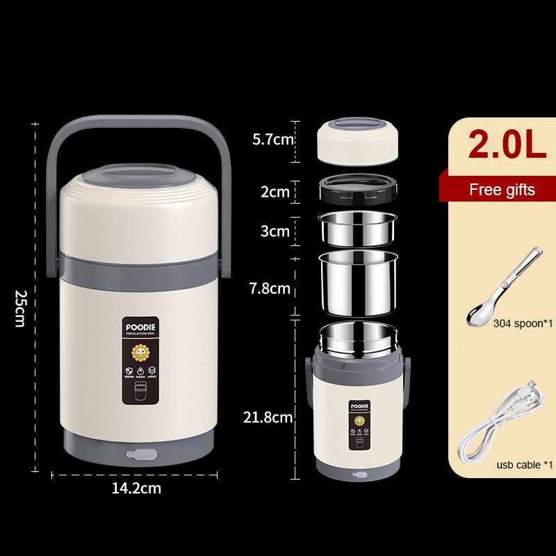 Fiambrera eléctrica USB de acero inoxidable 304, calentador de comida portátil