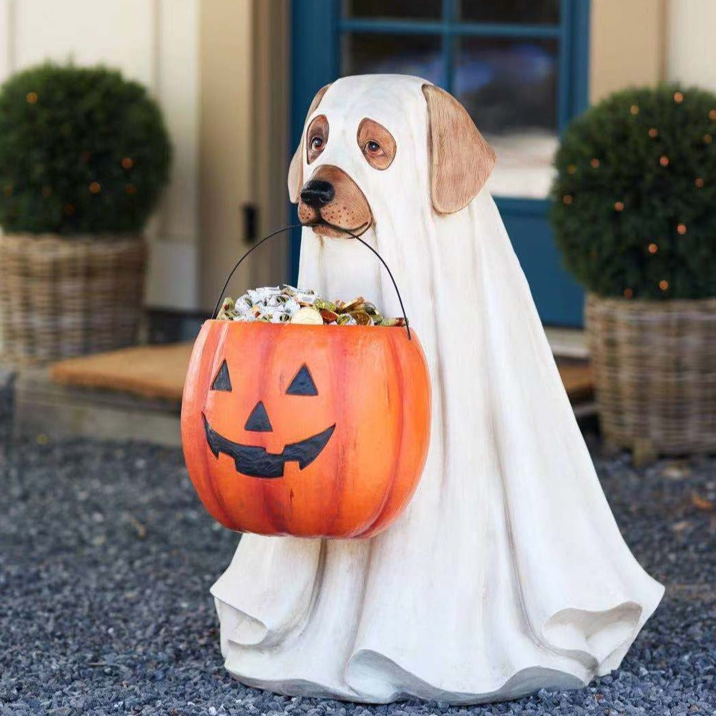 Figura decorativa de cachorro calabaza de resina para jardín