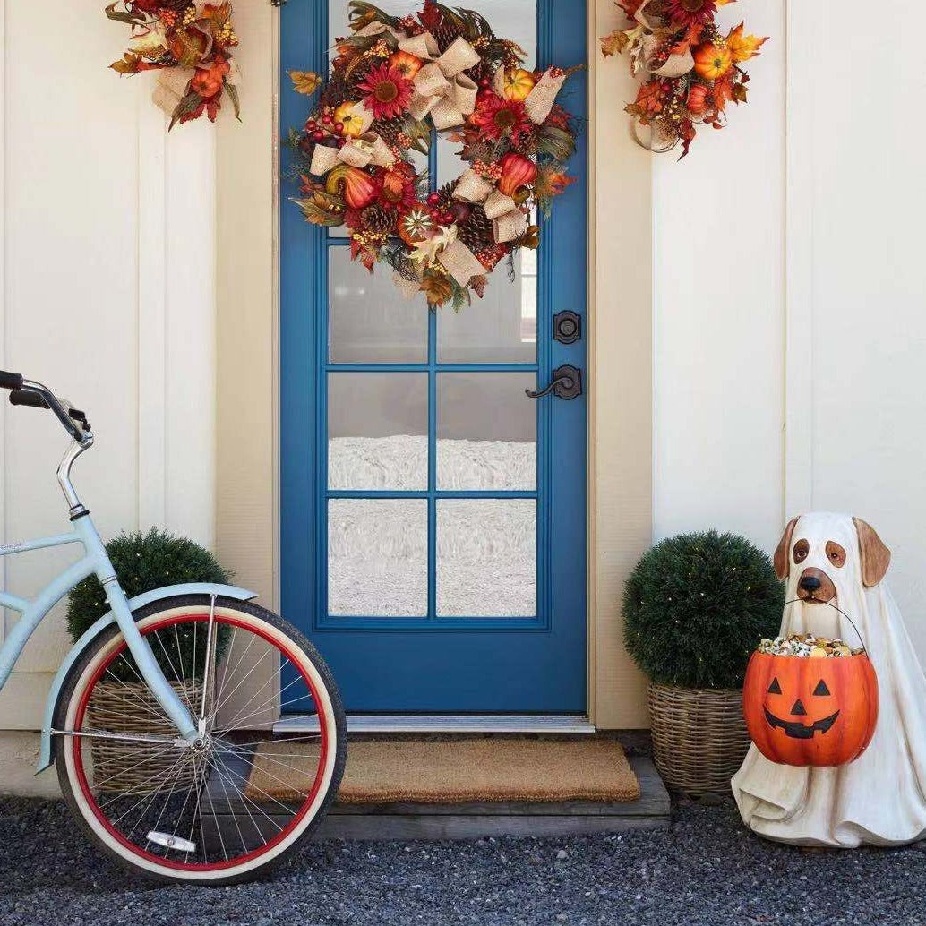 Figura decorativa de cachorro calabaza de resina para jardín