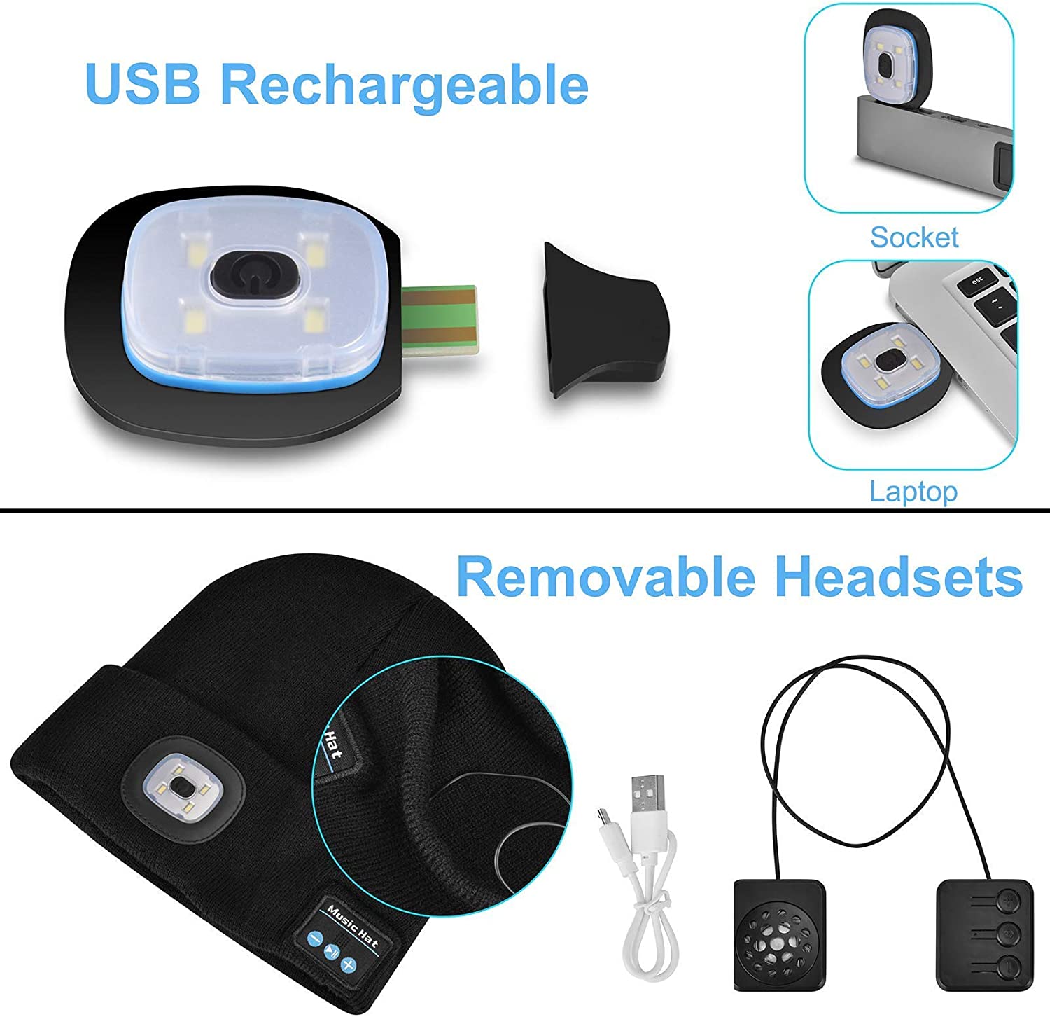 Gorro con luz LED y auriculares Bluetooth inalámbricos