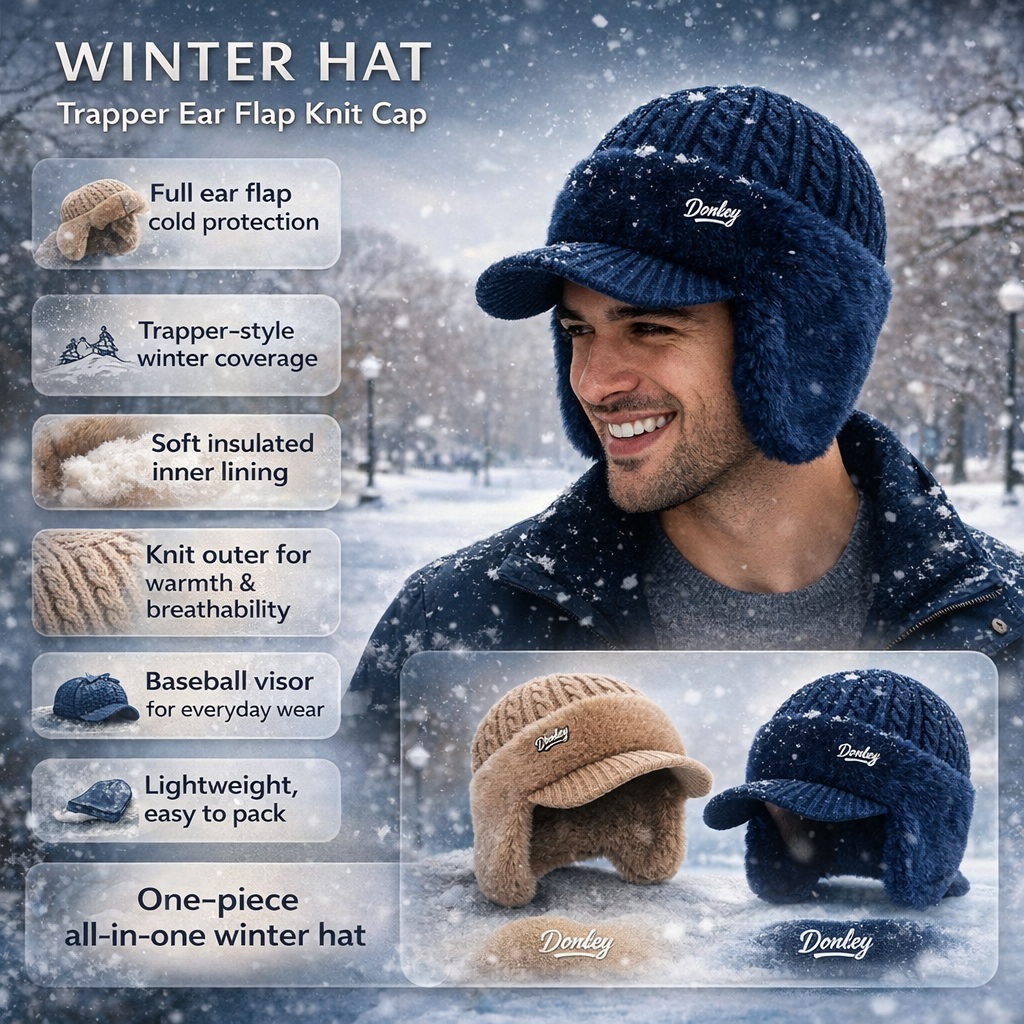 Gorro de invierno tipo trapper con orejeras de punto