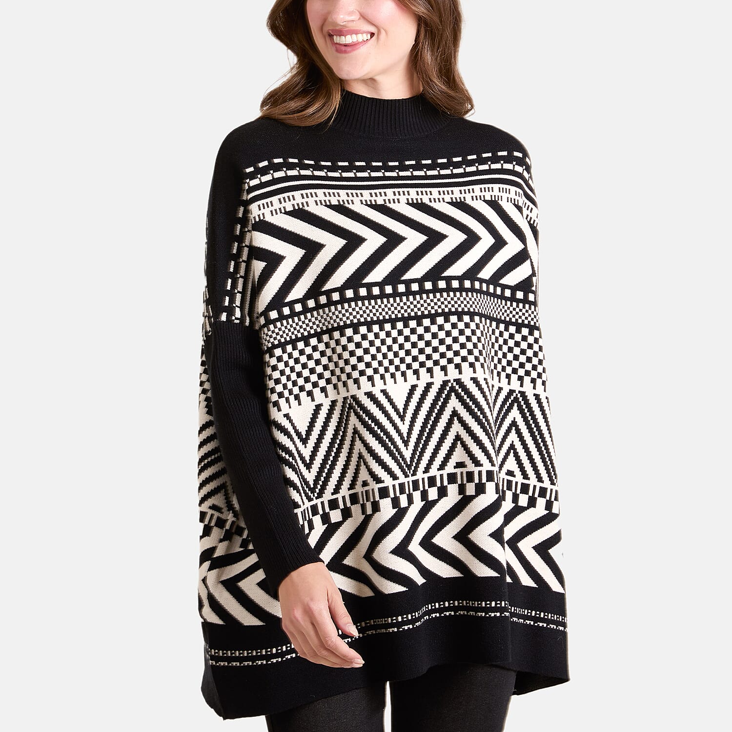 Jersey de cuello alto con estampado geométrico en zigzag y corte largo relajado para mujer Chilli Charm