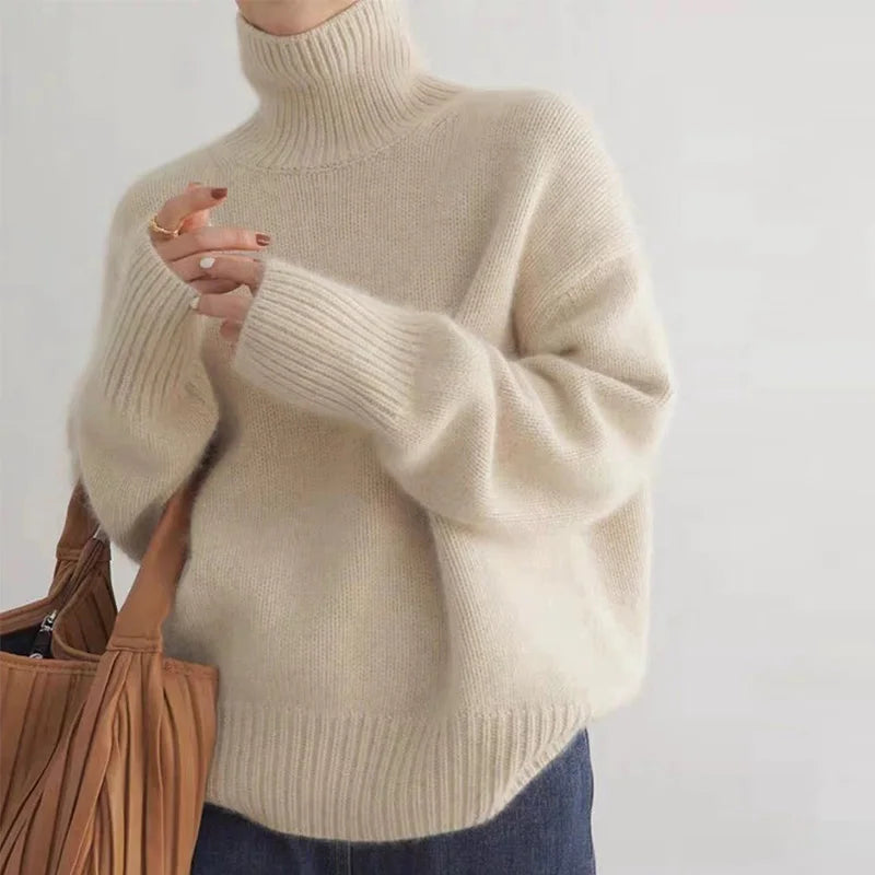 Jersey de punto acanalado con cuello alto para mujer