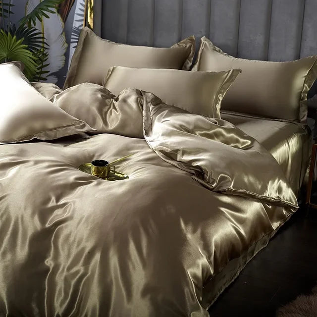 Juego de ropa de cama de satén de seda de lujo