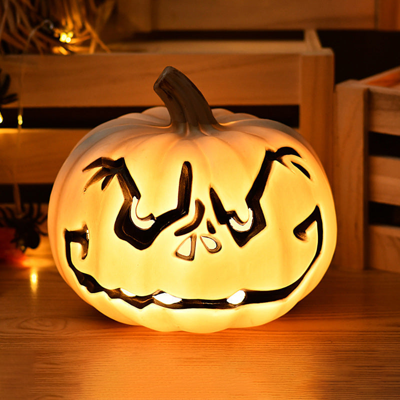 Lámpara de calabaza Jack-O-Lantern con luz LED a pilas, calabaza tallada decorativa de Halloween para salón, porche y fi
