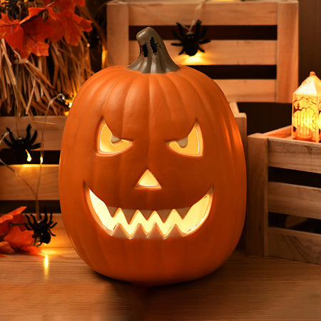 Lámpara de calabaza Jack-O-Lantern con luz LED a pilas, calabaza tallada decorativa de Halloween para salón, porche y fi