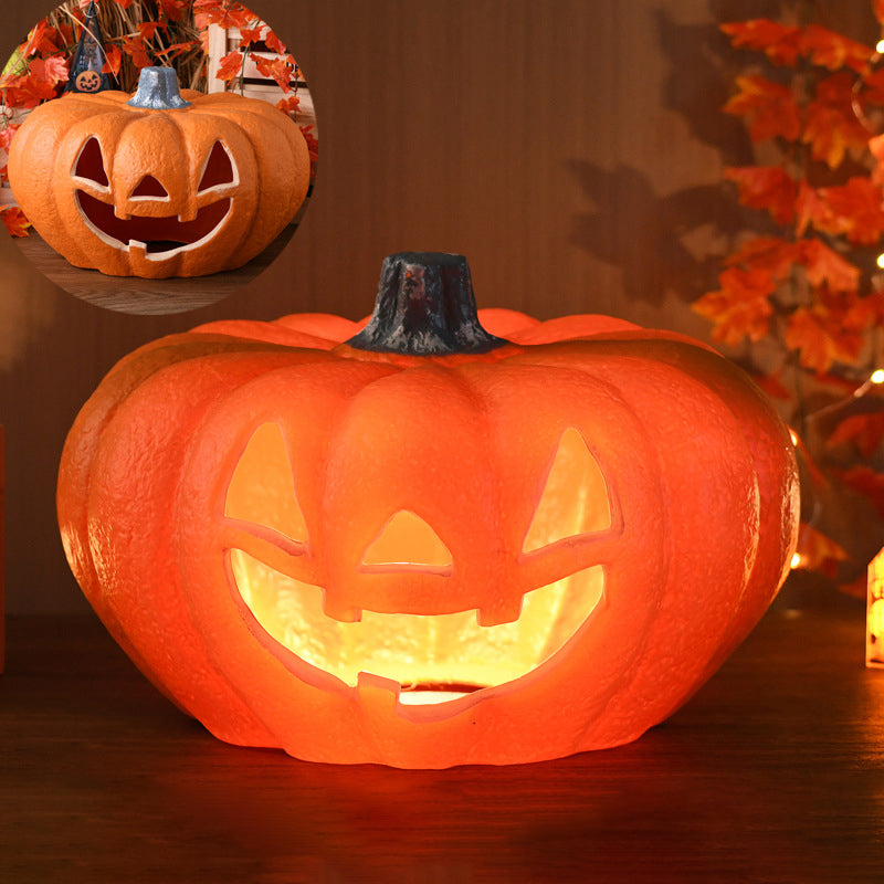 Lámpara de calabaza Jack-O-Lantern con luz LED a pilas, calabaza tallada decorativa de Halloween para salón, porche y fi