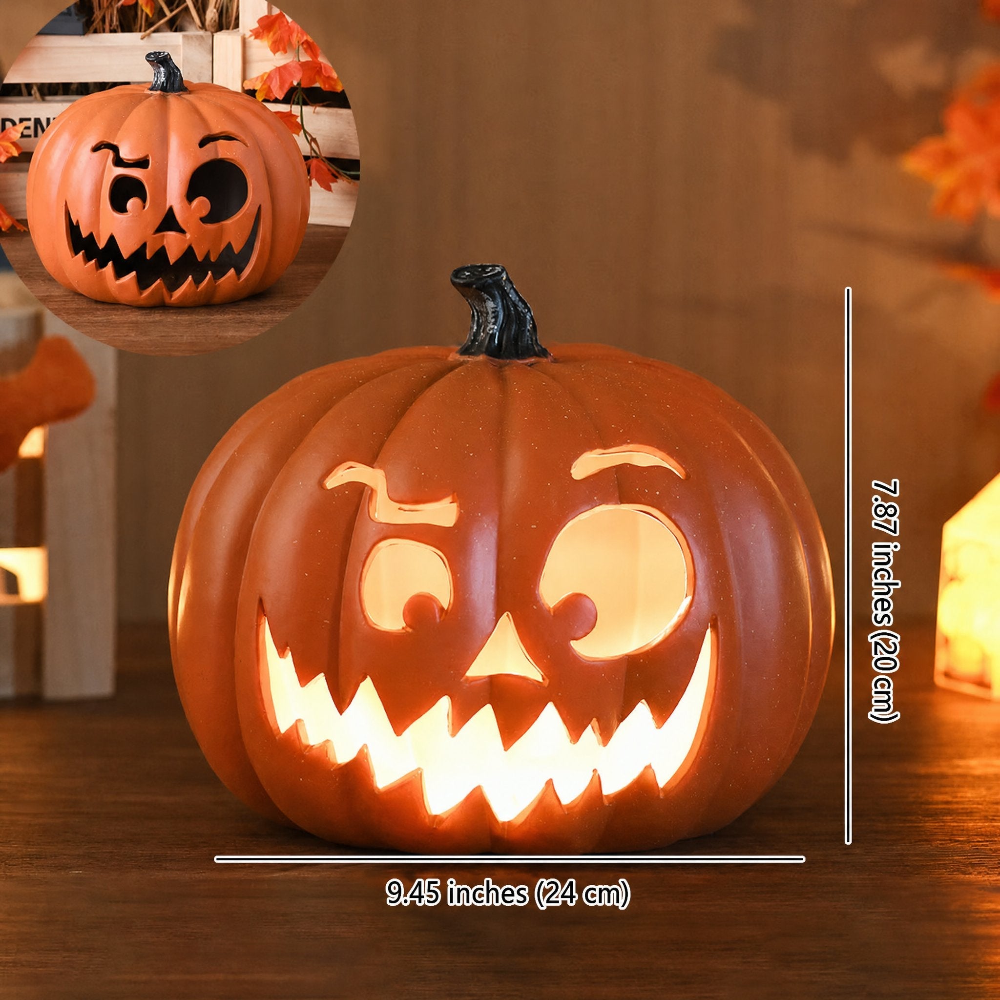Lámpara de calabaza Jack-O-Lantern con luz LED a pilas, calabaza tallada decorativa de Halloween para salón, porche y fi