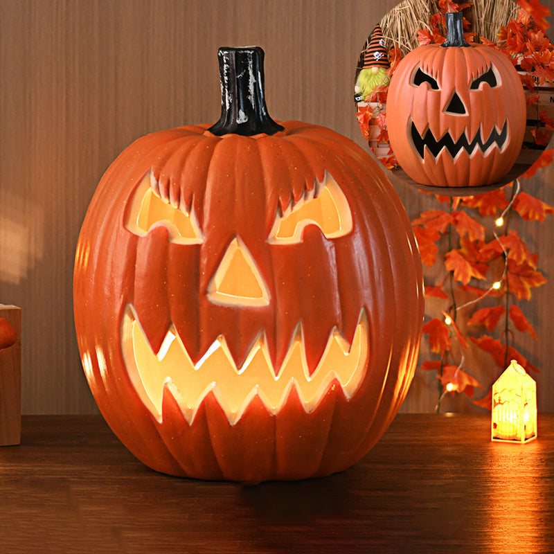 Lámpara de calabaza Jack-O-Lantern con luz LED a pilas, calabaza tallada decorativa de Halloween para salón, porche y fi