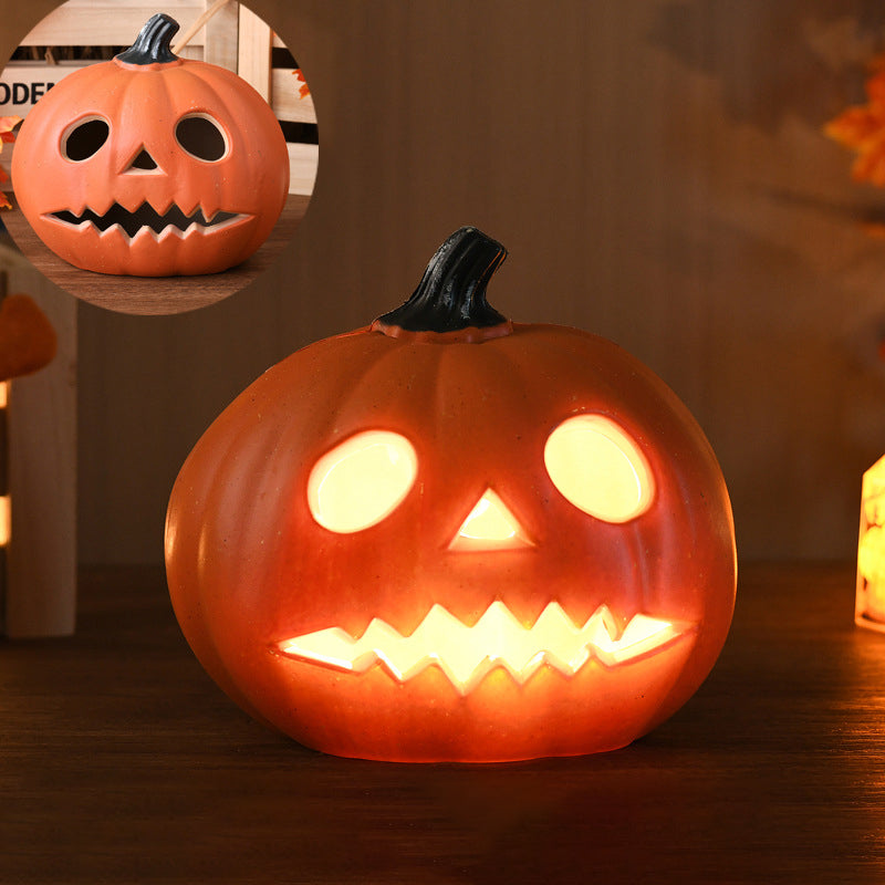 Lámpara de calabaza Jack-O-Lantern con luz LED a pilas, calabaza tallada decorativa de Halloween para salón, porche y fi