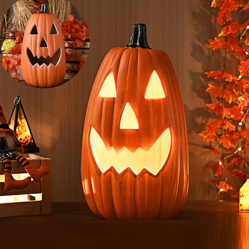 Lámpara de calabaza Jack-O-Lantern con luz LED a pilas, calabaza tallada decorativa de Halloween para salón, porche y fi