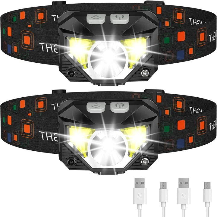 Linterna Frontal LED Impermeable, Pack Doble con Sensor de Movimiento y Recargable por USB