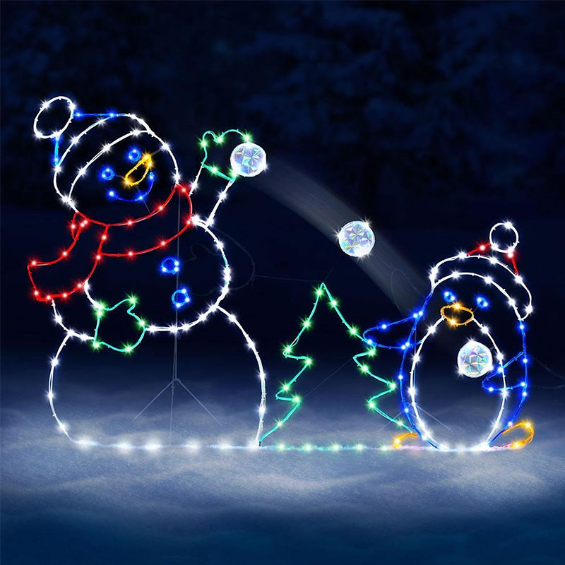 Luz LED animada de batalla de bolas de nieve con muñeco de nieve y pingüino
