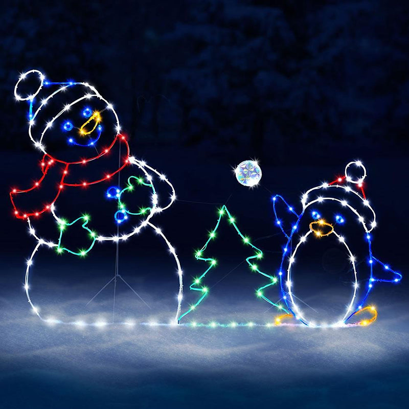 Luz LED animada de batalla de bolas de nieve con muñeco de nieve y pingüino