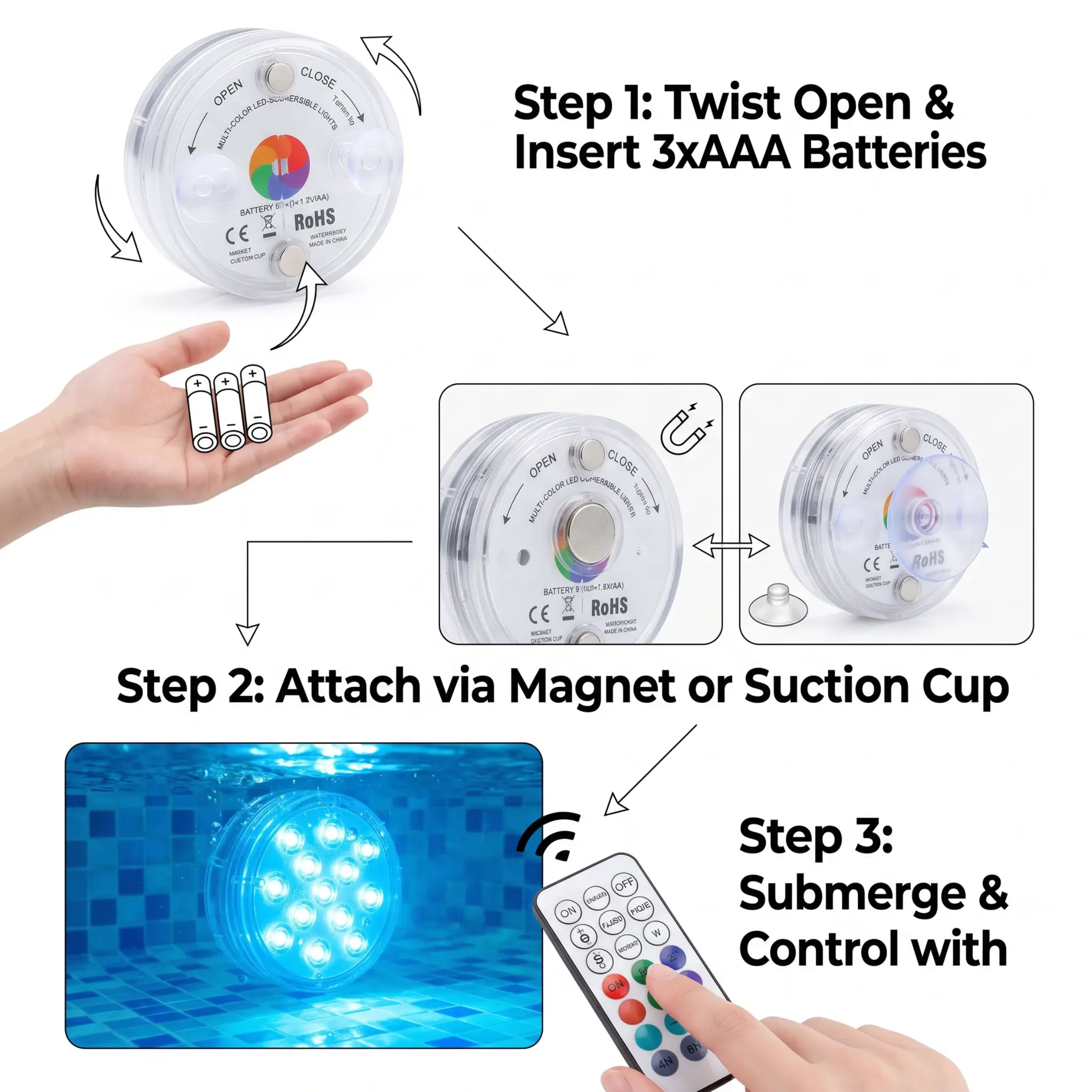Luz LED sumergible con mando a distancia y ventosa magnética