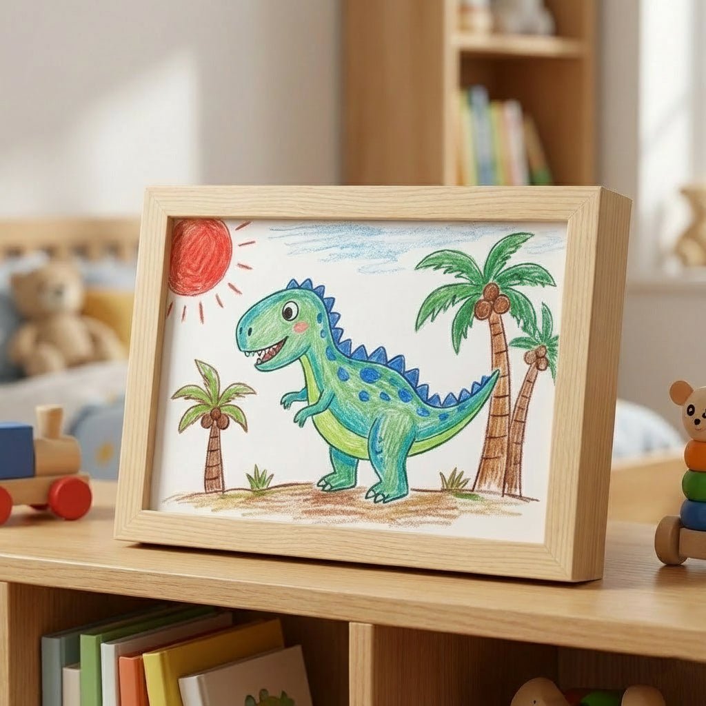 Marco de madera para dibujos infantiles con almacenamiento