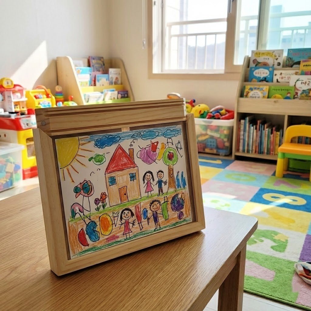 Marco de madera para dibujos infantiles con almacenamiento