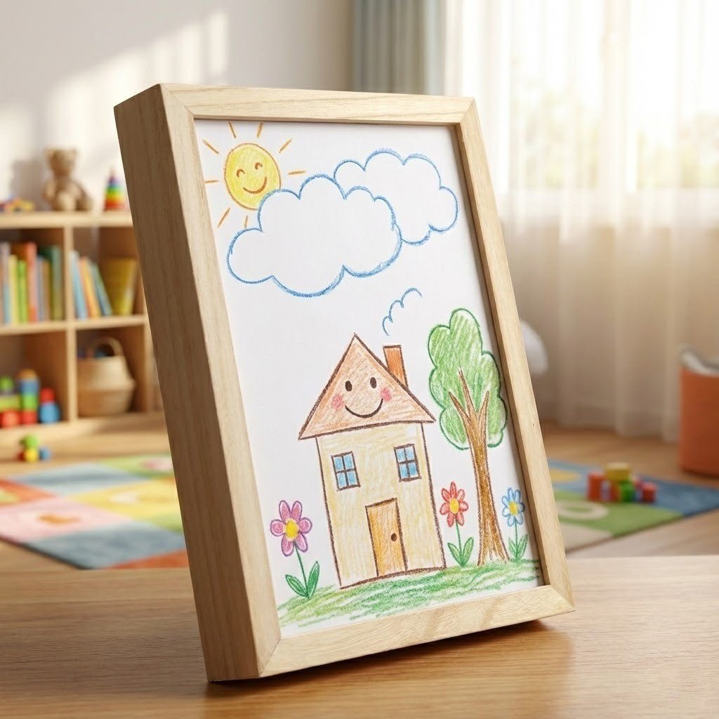 Marco de madera para dibujos infantiles con almacenamiento