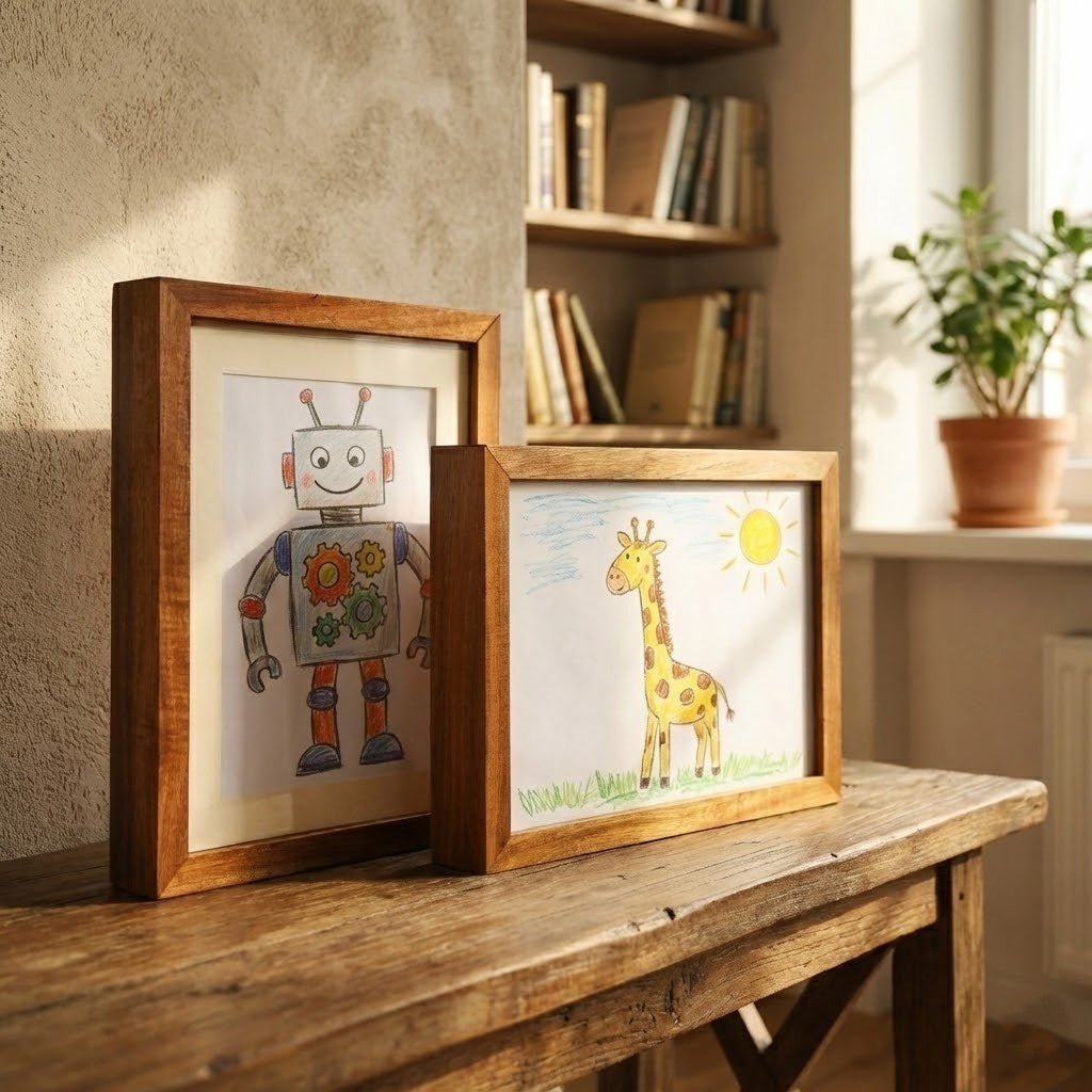 Marco de madera para dibujos infantiles con almacenamiento