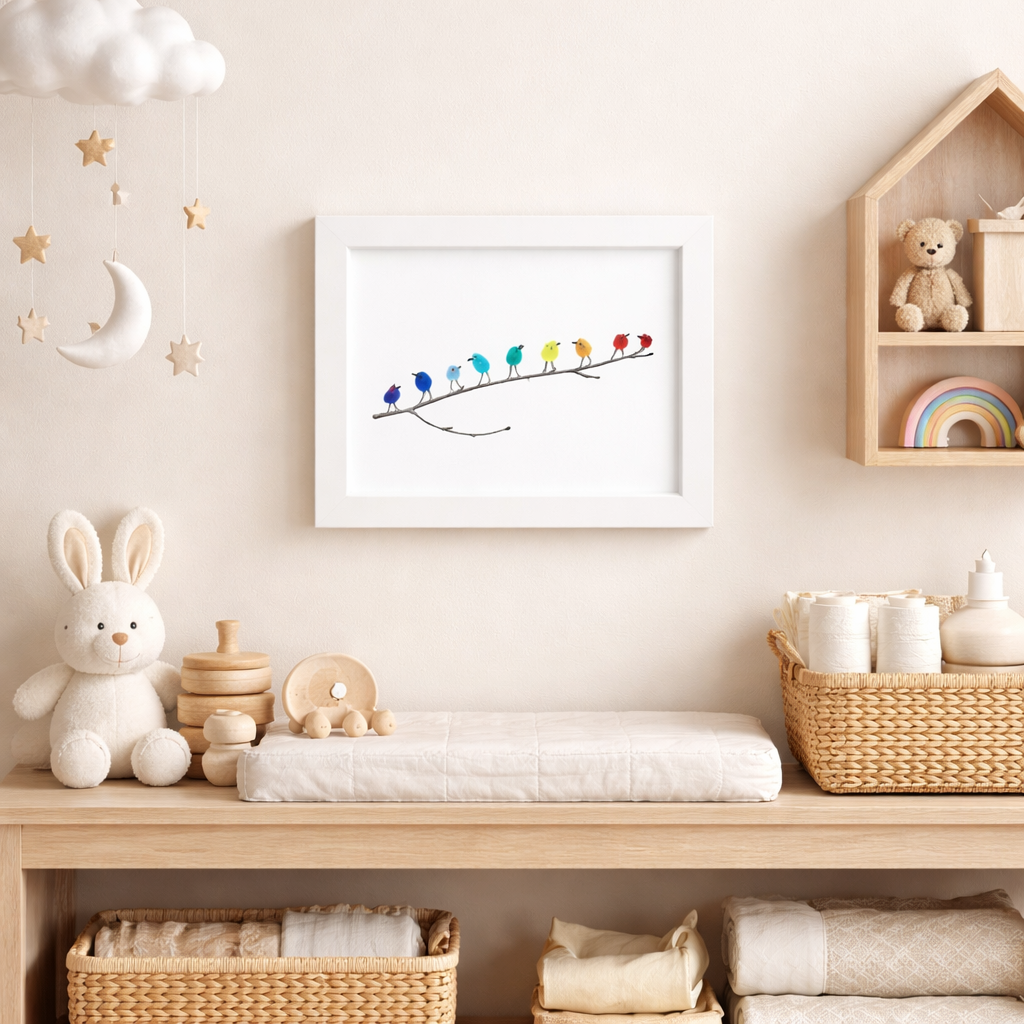 Marco de fotos decorativo con pájaros de cristal marino y madera flotante