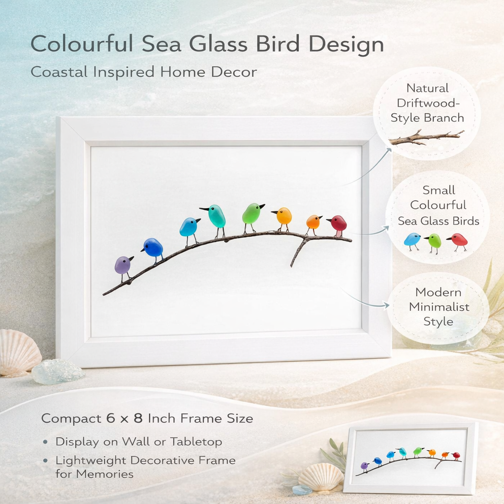 Marco de fotos decorativo con pájaros de cristal marino y madera flotante