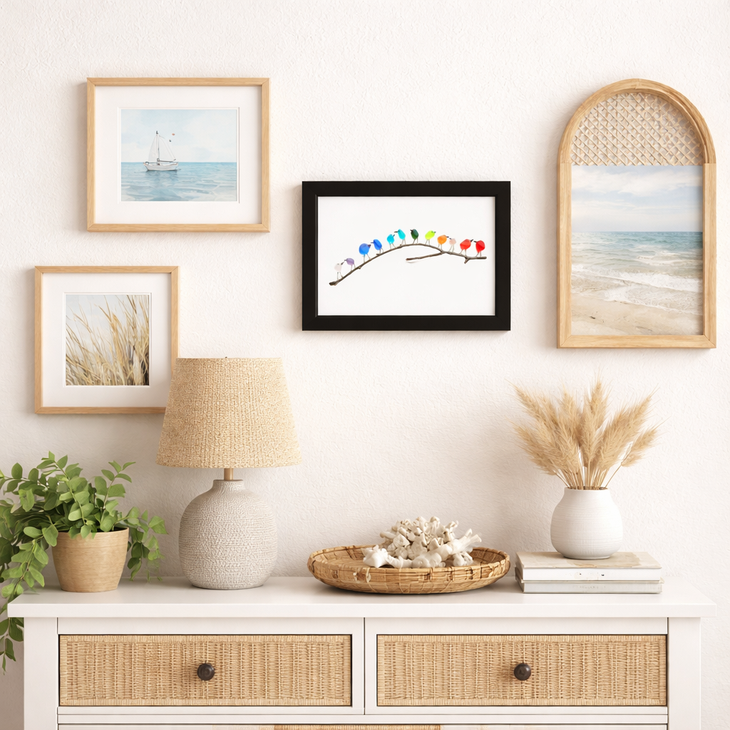 Marco de fotos decorativo con pájaros de cristal marino y madera flotante