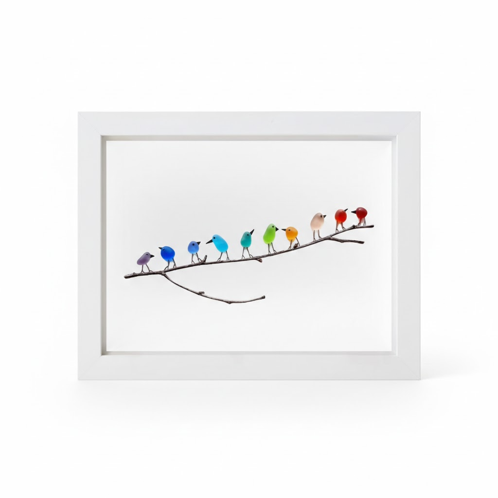 Marco de fotos decorativo con pájaros de cristal marino y madera flotante