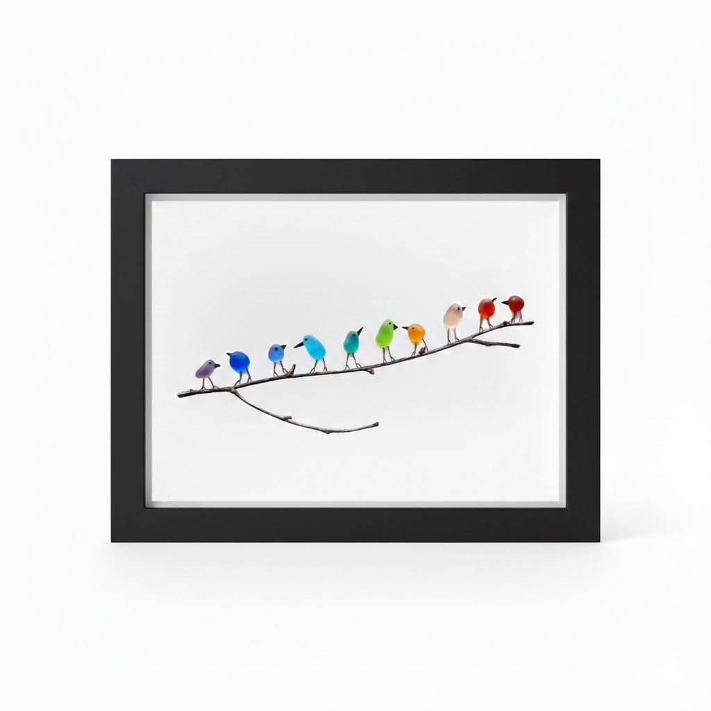 Marco de fotos decorativo con pájaros de cristal marino y madera flotante