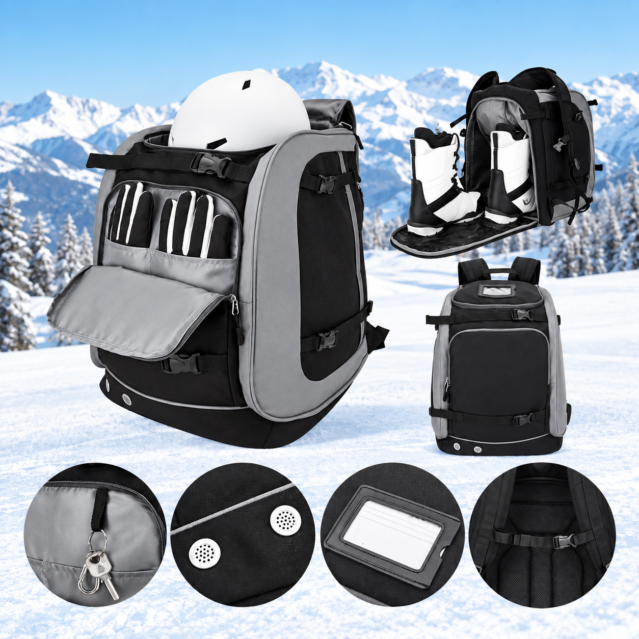 Mochila de esquí 65 L con compartimento para botas, casco y gafas de esquí
