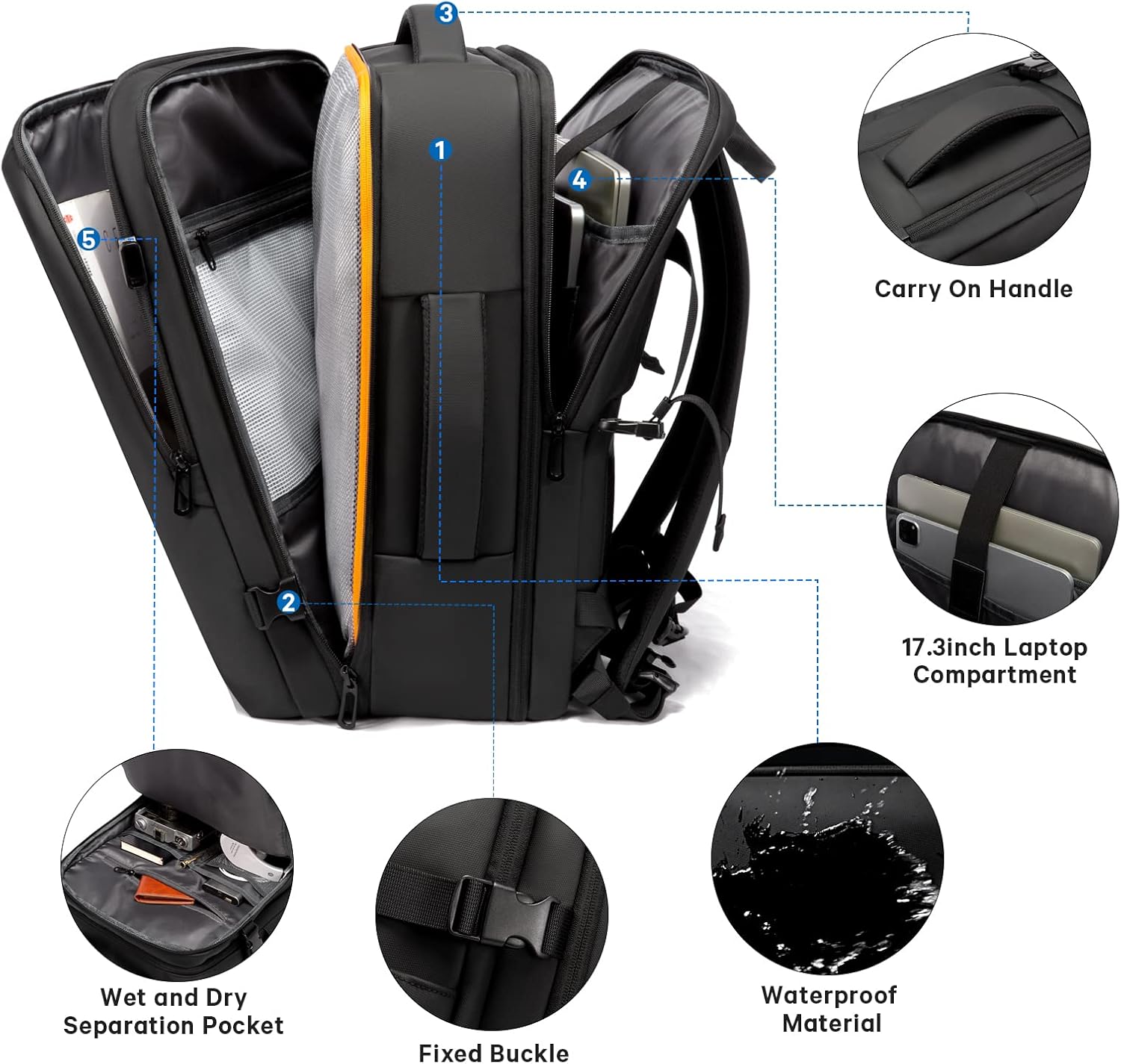 Mochila de viaje expandible 26-45 L impermeable con compartimento para portátil y asa tipo bolsa