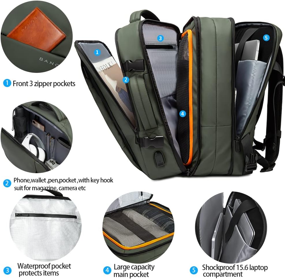 Mochila de viaje expandible 26-45 L impermeable con compartimento para portátil y asa tipo bolsa