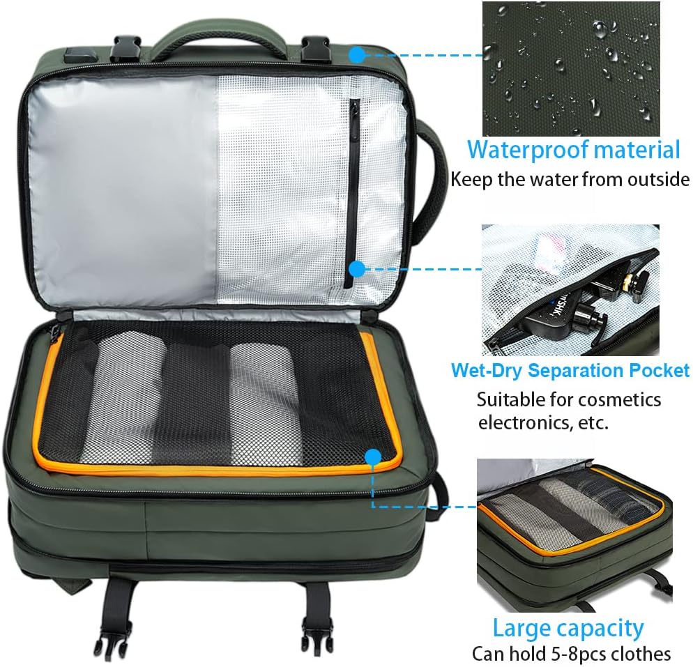 Mochila de viaje expandible 26-45 L impermeable con compartimento para portátil y asa tipo bolsa