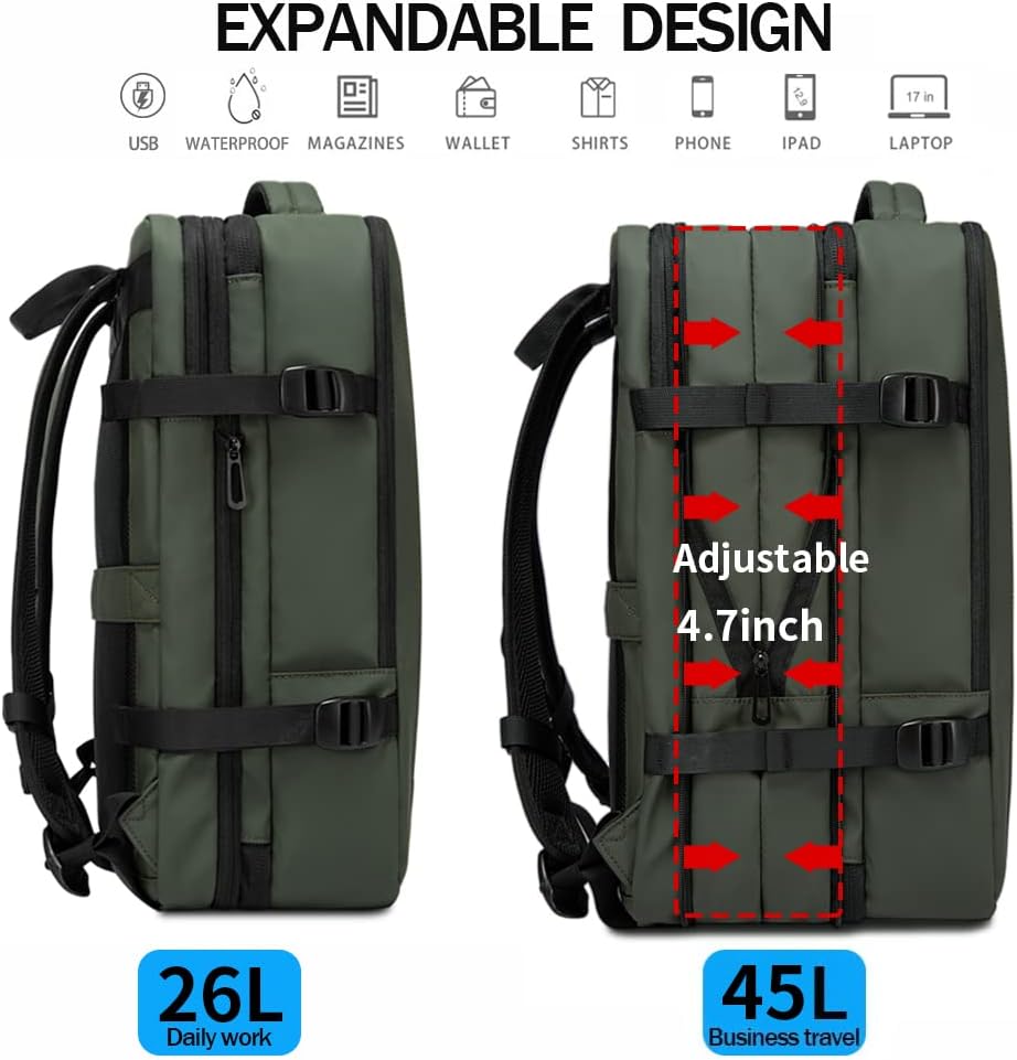 Mochila de viaje expandible 26-45 L impermeable con compartimento para portátil y asa tipo bolsa