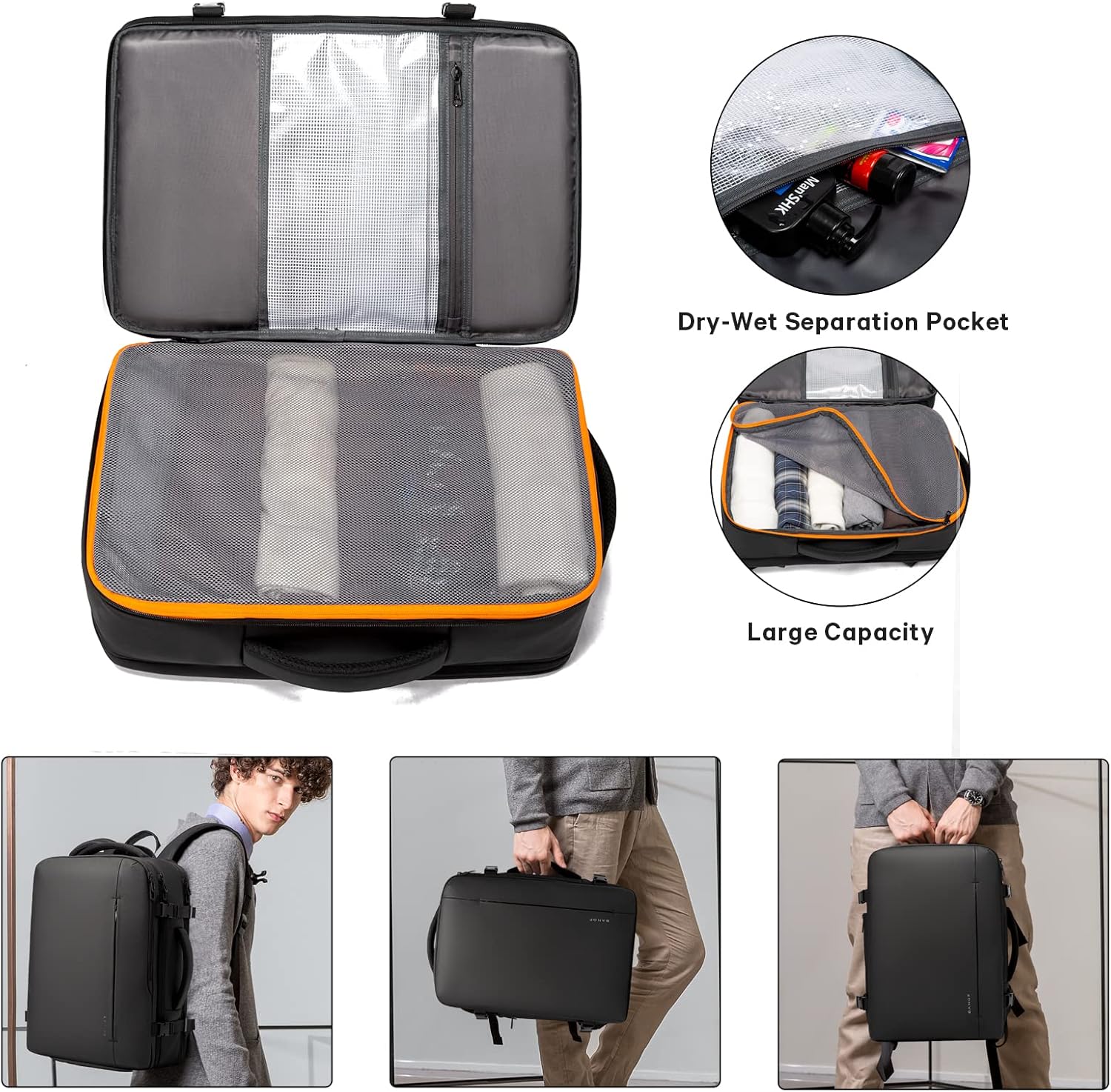 Mochila de viaje expandible 26-45 L impermeable con compartimento para portátil y asa tipo bolsa