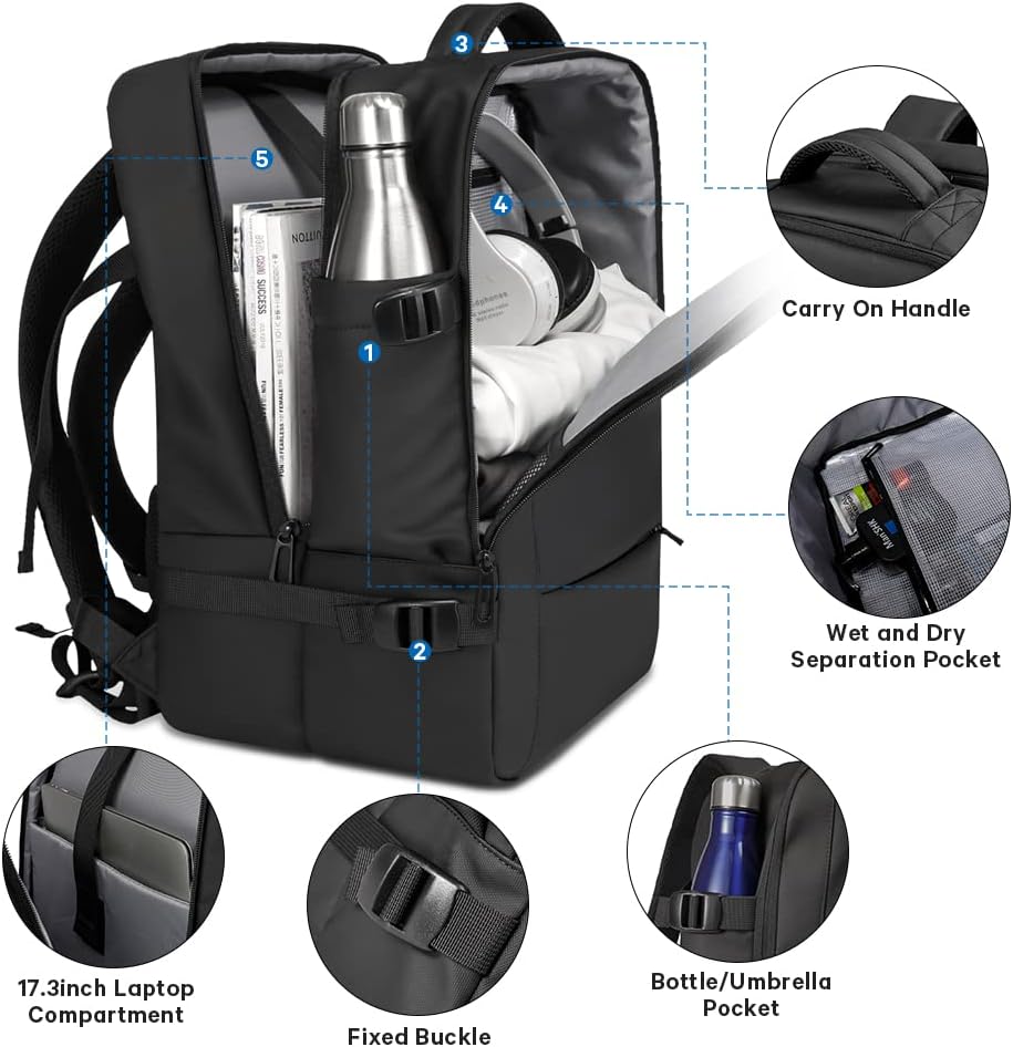 Mochila de viaje expandible 26-45 L impermeable con compartimento para portátil y asa tipo bolsa