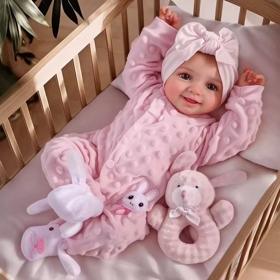 Muñeca Reborn de 43 cm – Vinilo suave realista, posable, recién nacido sonriente con accesorios