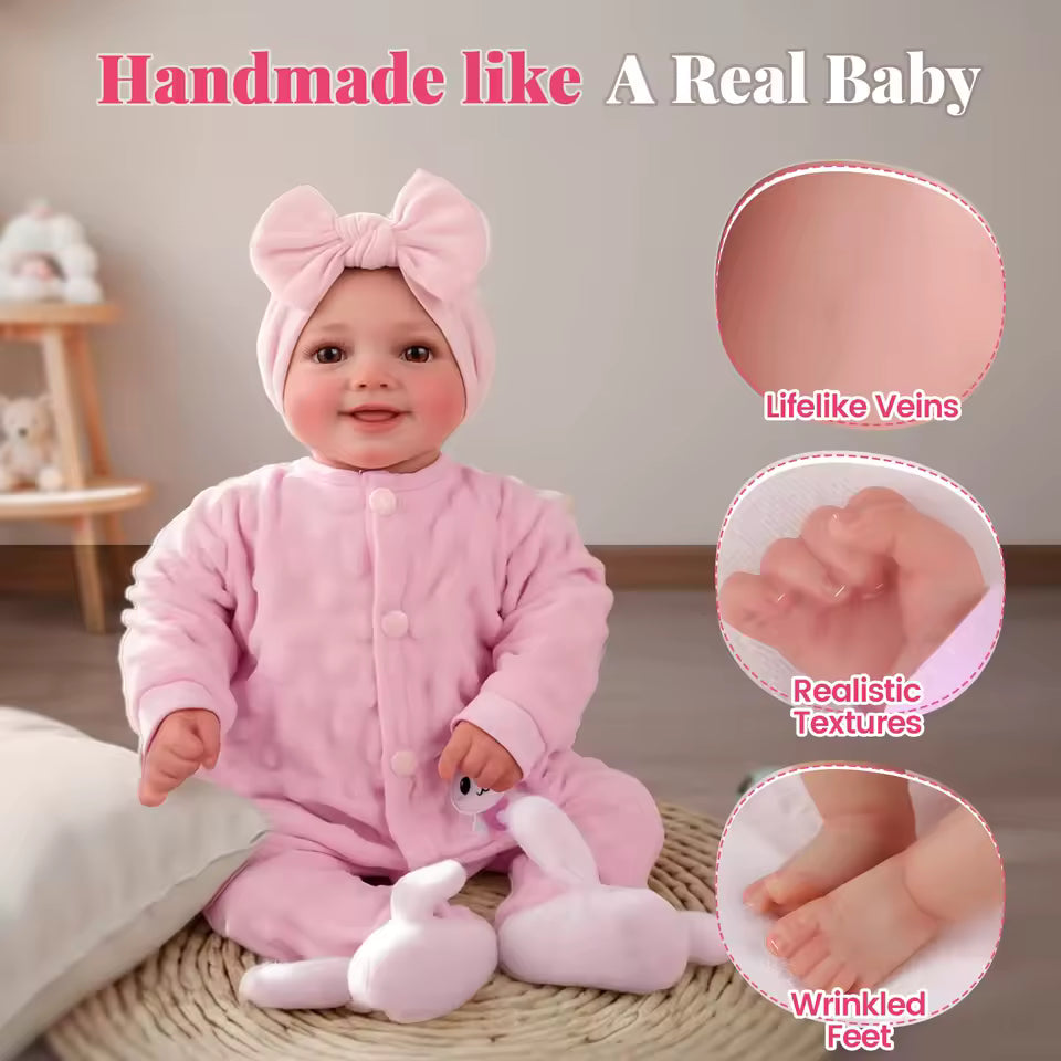 Muñeca Reborn de 43 cm – Vinilo suave realista, posable, recién nacido sonriente con accesorios