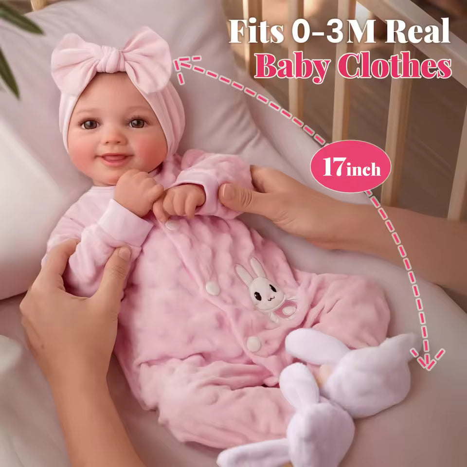 Muñeca Reborn de 43 cm – Vinilo suave realista, posable, recién nacido sonriente con accesorios