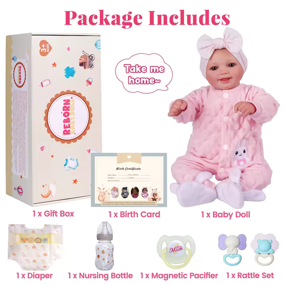 Muñeca Reborn de 43 cm – Vinilo suave realista, posable, recién nacido sonriente con accesorios